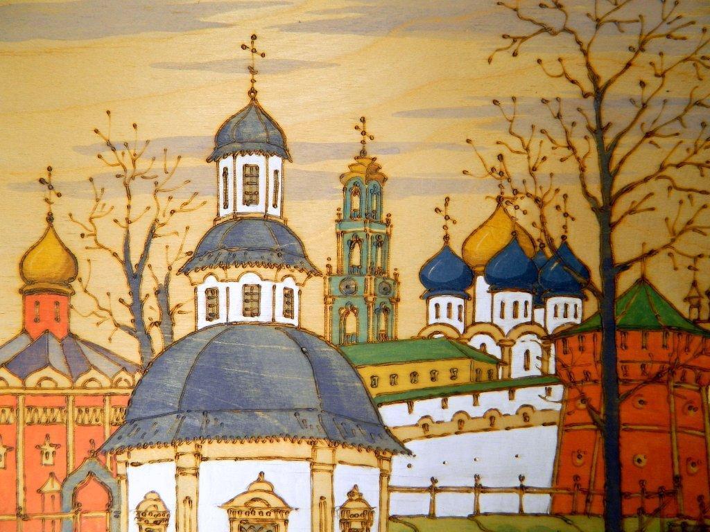 Grouping of Three Russian Monastery Pyography Folk Art Pieces