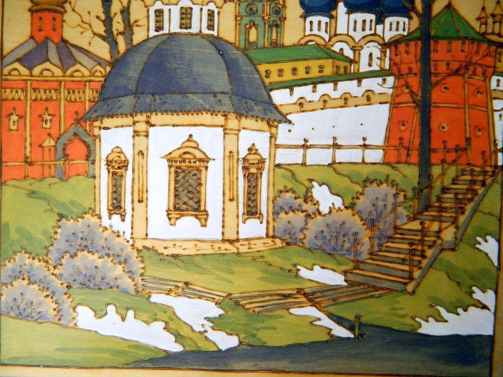 Grouping of Three Russian Monastery Pyography Folk Art Pieces