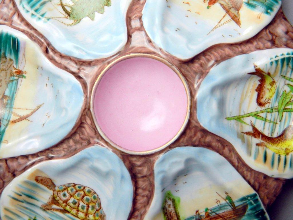 Oyster Plate Painted with Marine Life and Shore, Porcelain, Marked 765