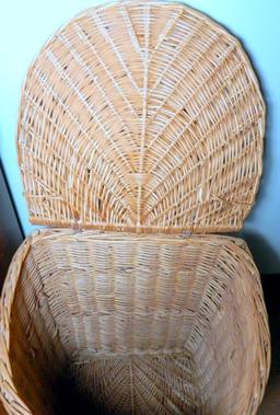 Grouping of Dresser, Mirror, Small Bench, Tall Lidded Wicker Basket