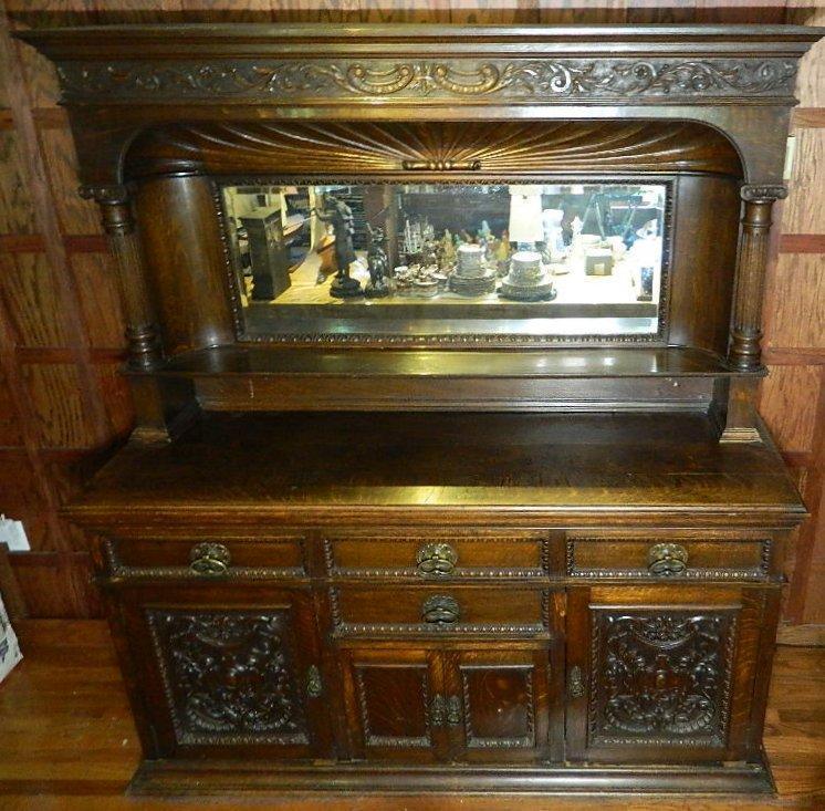 Antique Mirrored Oak Tiered Buffet Server or Bar Back