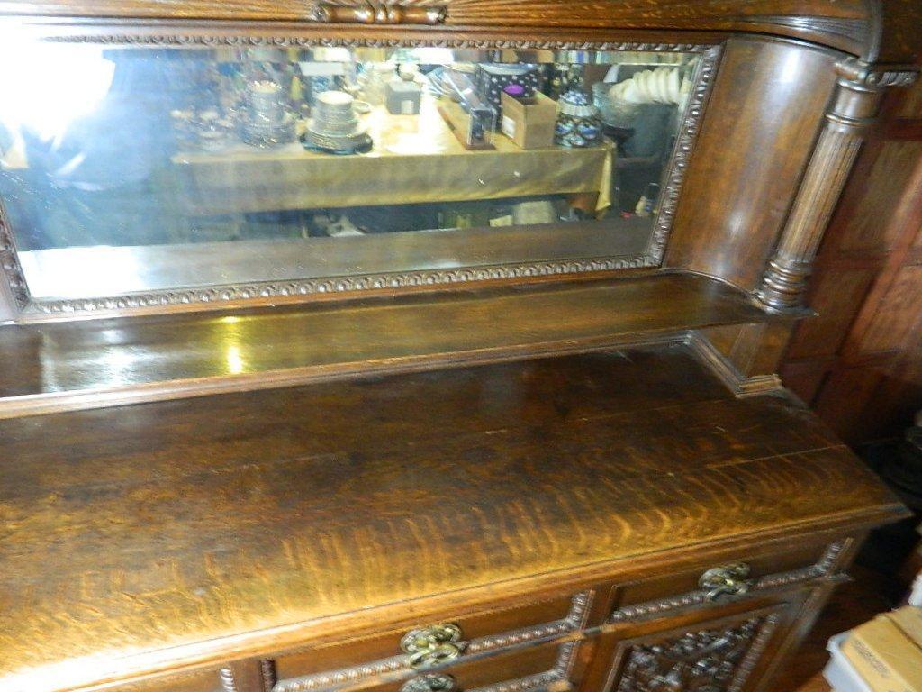 Antique Mirrored Oak Tiered Buffet Server or Bar Back