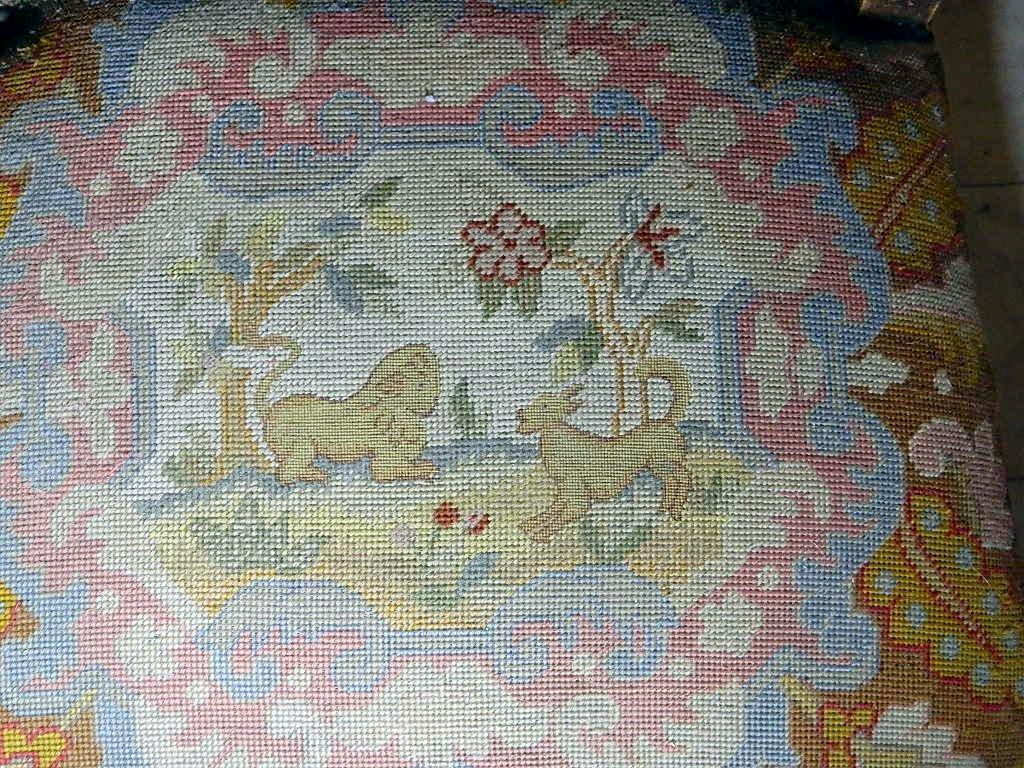 Victorian Needlepoint Scenes Armchair, Two Women, Dog and Lion