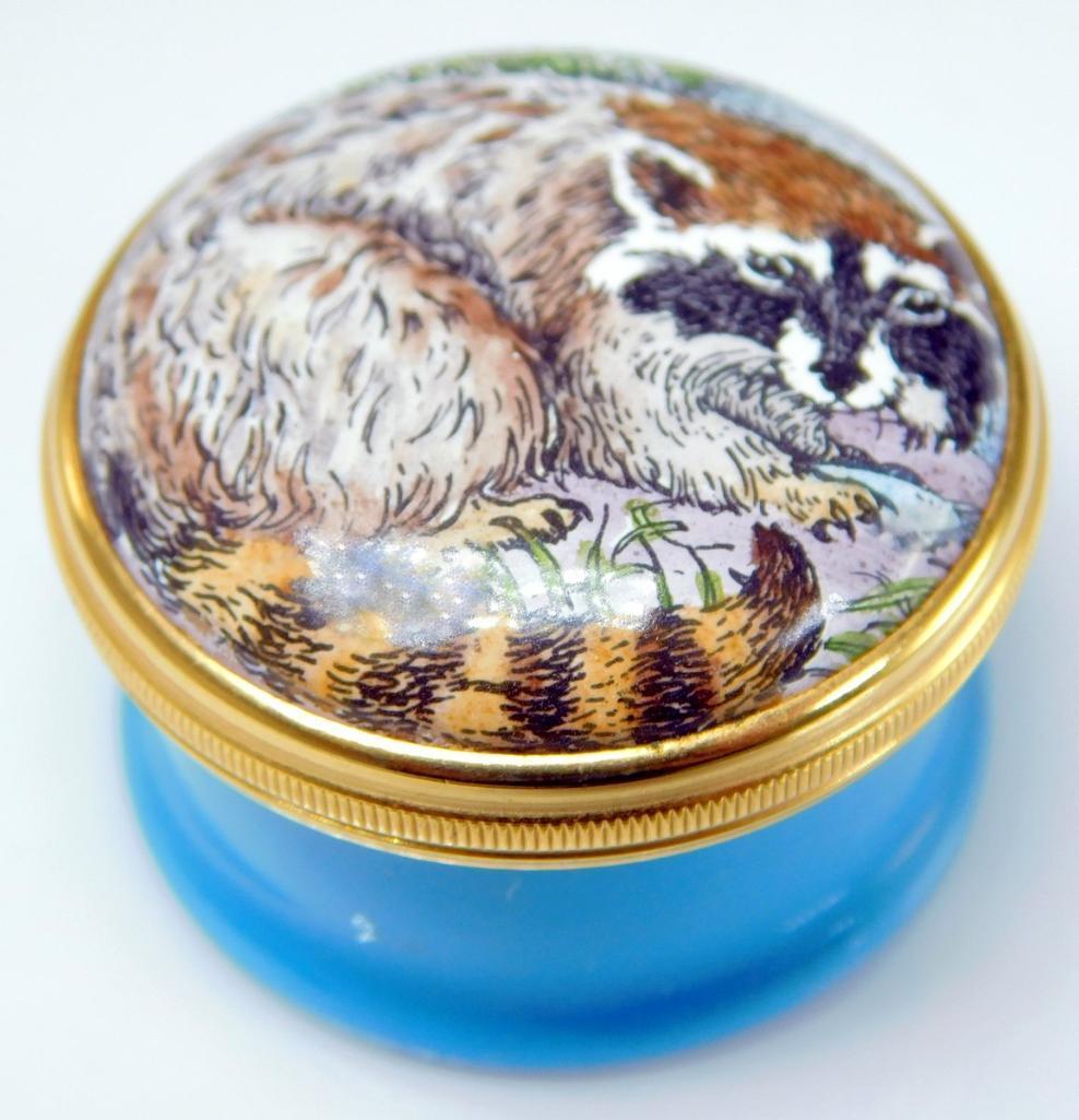 Halcyon Days Enamels Raccoon and Trout Lidded Round Trinket Box