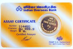 Indian Overseas Bank 8 Gram .999 Fine Gold Coin on Card