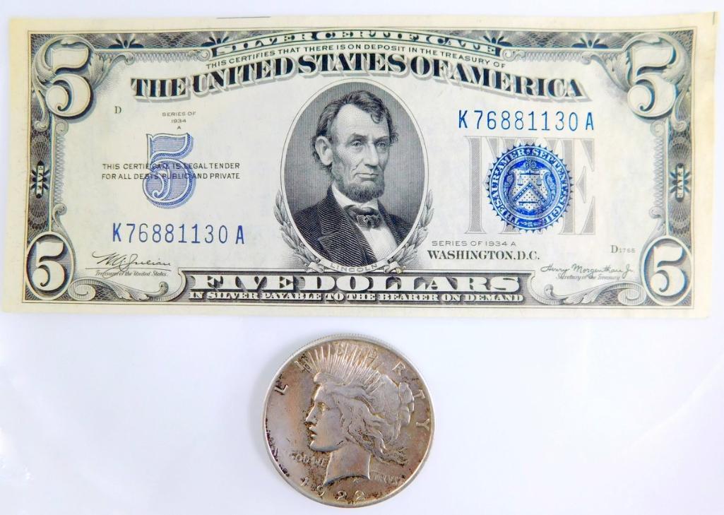 1922 Peace Silver Dollar and 1934 $5 Silver Certificate