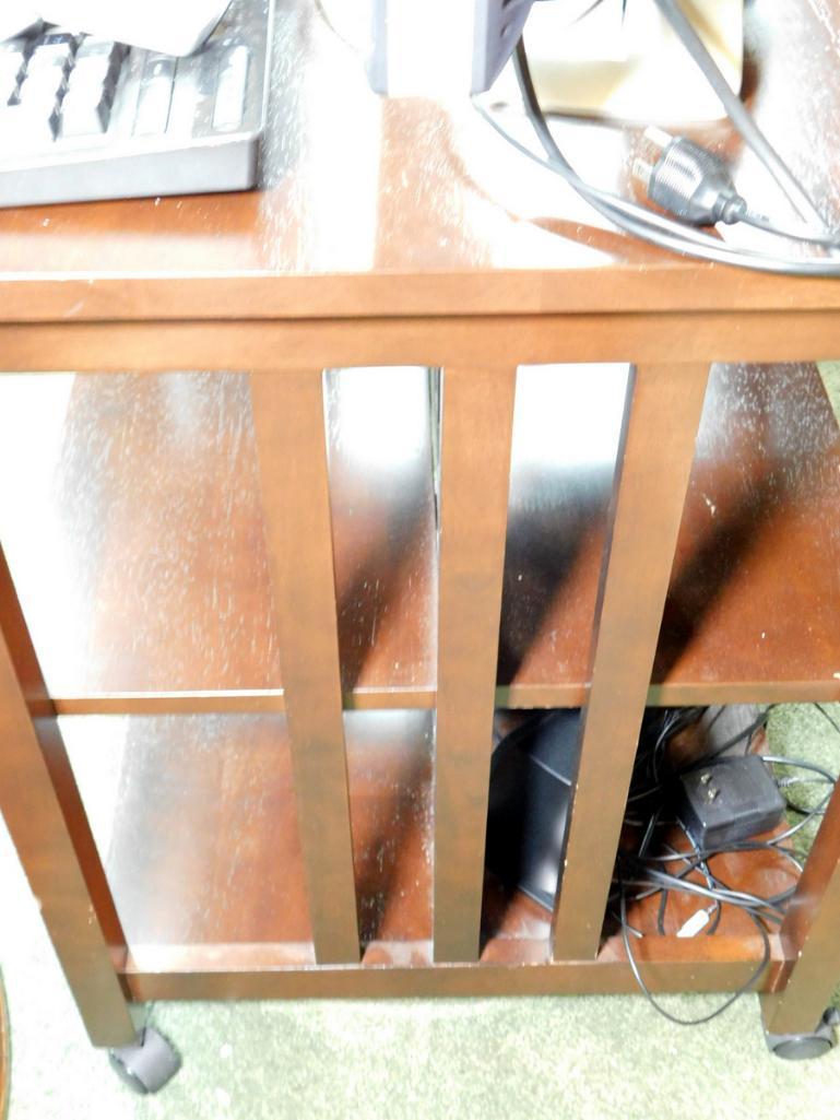 Wooden Table with Bookshelves and DELL Monitor, Keyboard and Speakers