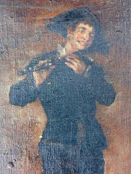 Enrico Belli Oil On Canvas, "Billy," Young Man Playing a Flute, Framed