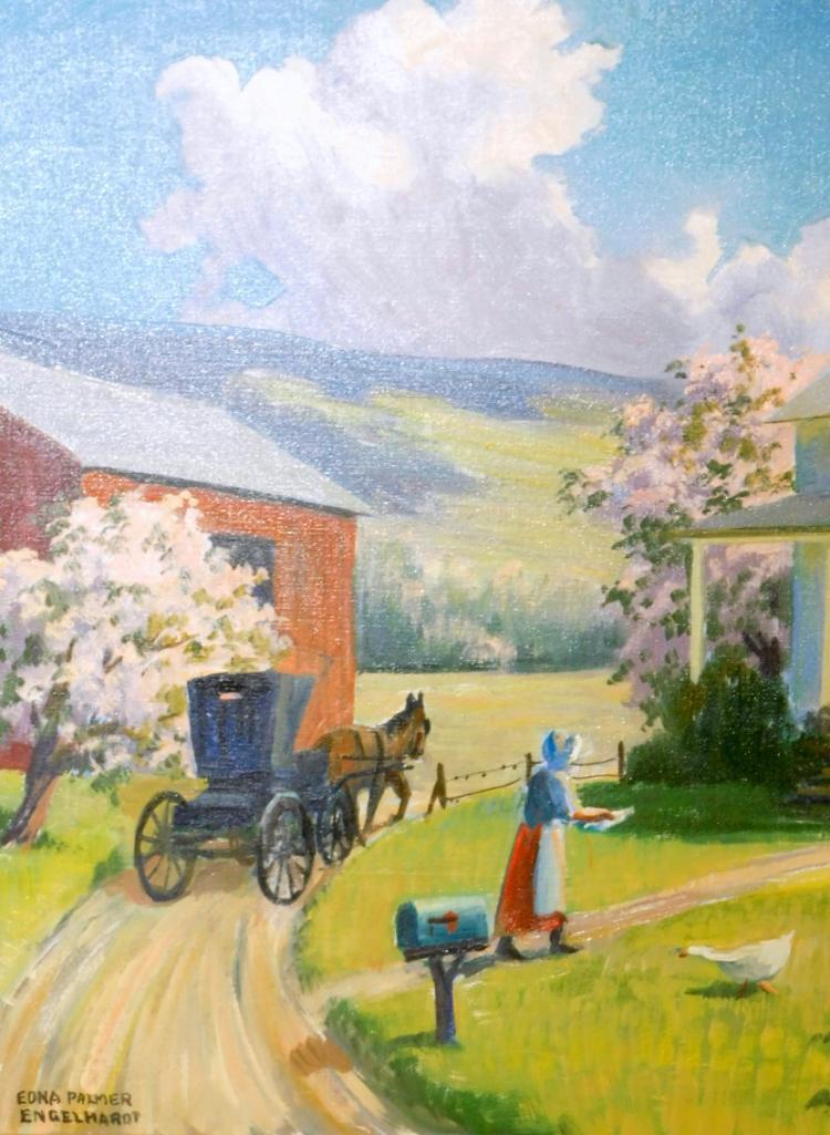 Edna Palmer Engelhardt "Rural Delivery" Pocono Country Home Farm Scene, O/C