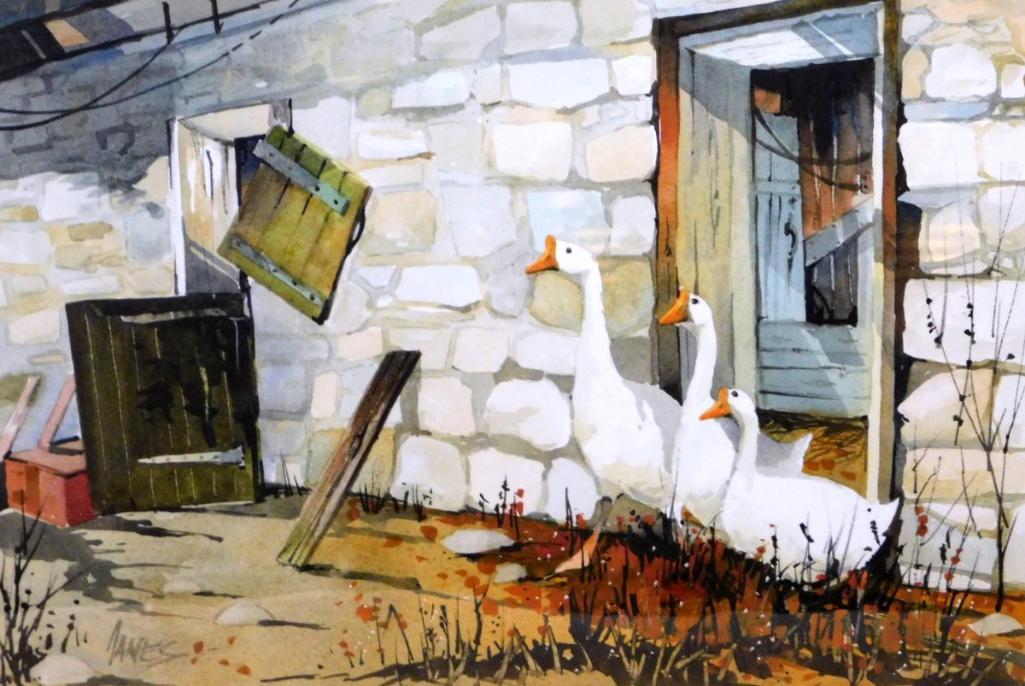 Pennsylvania Artist John James Watercolor, "Barn & Geese"