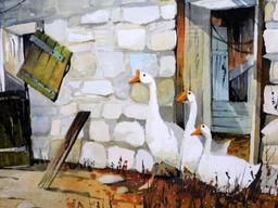 Pennsylvania Artist John James Watercolor, "Barn & Geese"