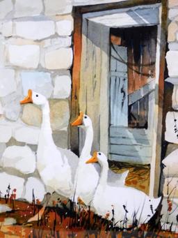 Pennsylvania Artist John James Watercolor, "Barn & Geese"