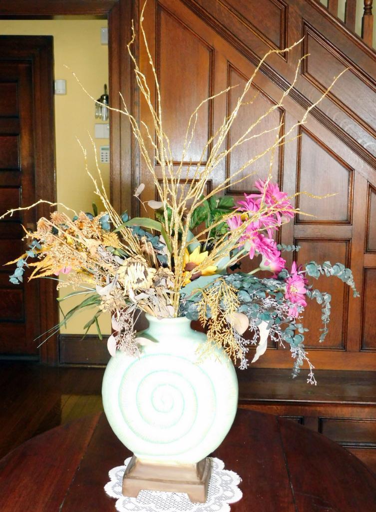 Pair of Asian-Inspired Floor Vases and Floral Centerpiece