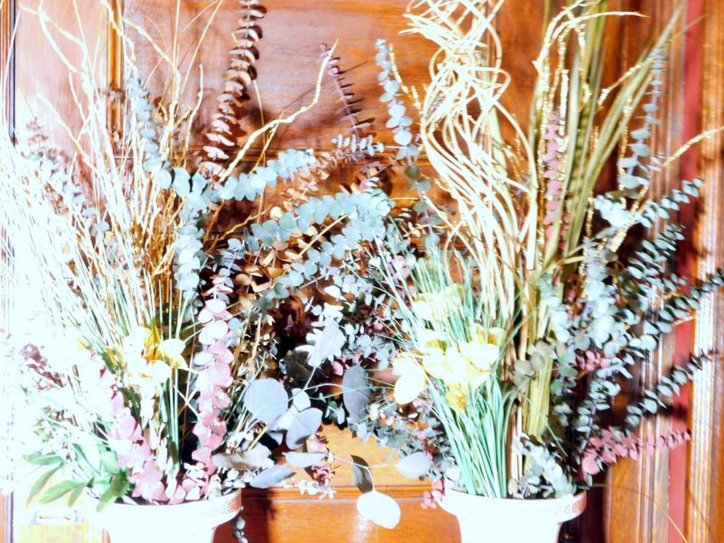 Pair of Asian-Inspired Floor Vases and Floral Centerpiece