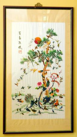 Vintage Chinese Embroidered Bird of Paradise 100 Bird Framed Art