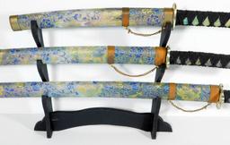 Set of Three (3) Display Samurai Swords and Sheaths with Display Stand