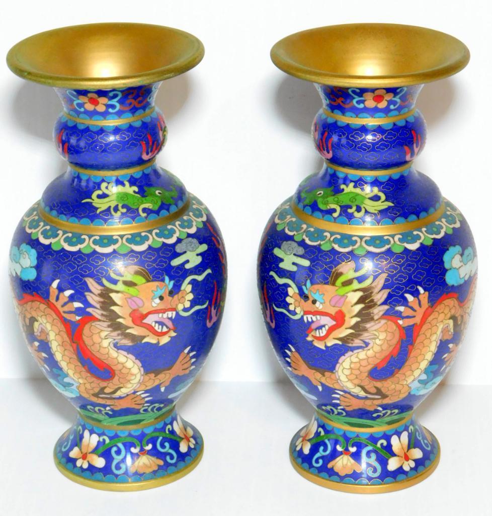 Pair of Blue Dragon Vases and Red Ceramic Fish