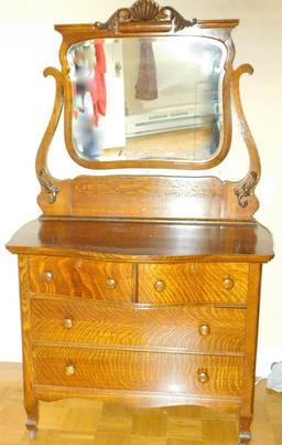 Tiger Oak Curved Front Dresser with Harp Mirror