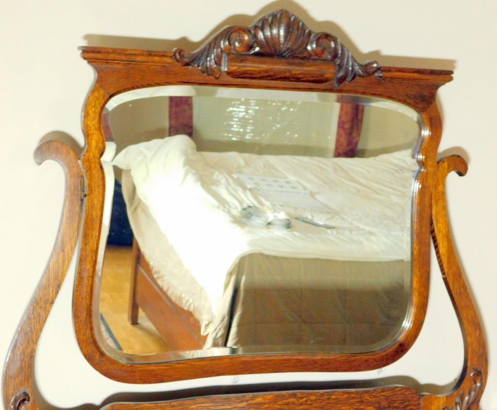 Tiger Oak Curved Front Dresser with Harp Mirror