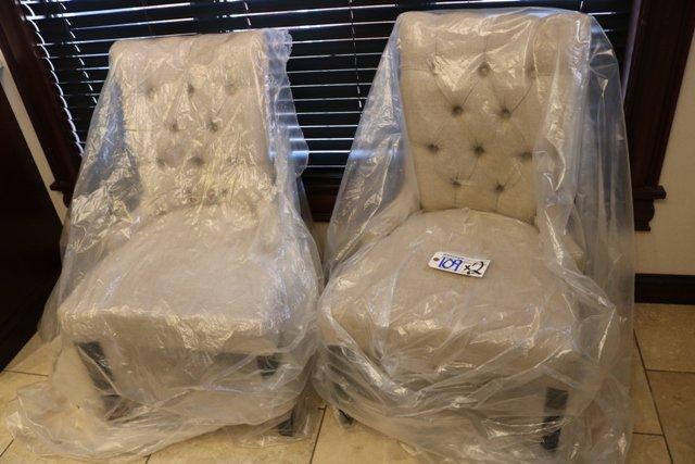 2 New CMI tweed dining chairs with decorative backs