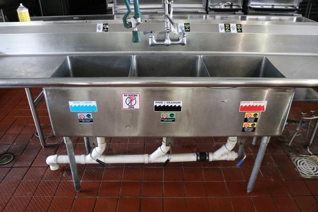 108" stainless 3 bin sink with drain drops, pre rinse and drain boards