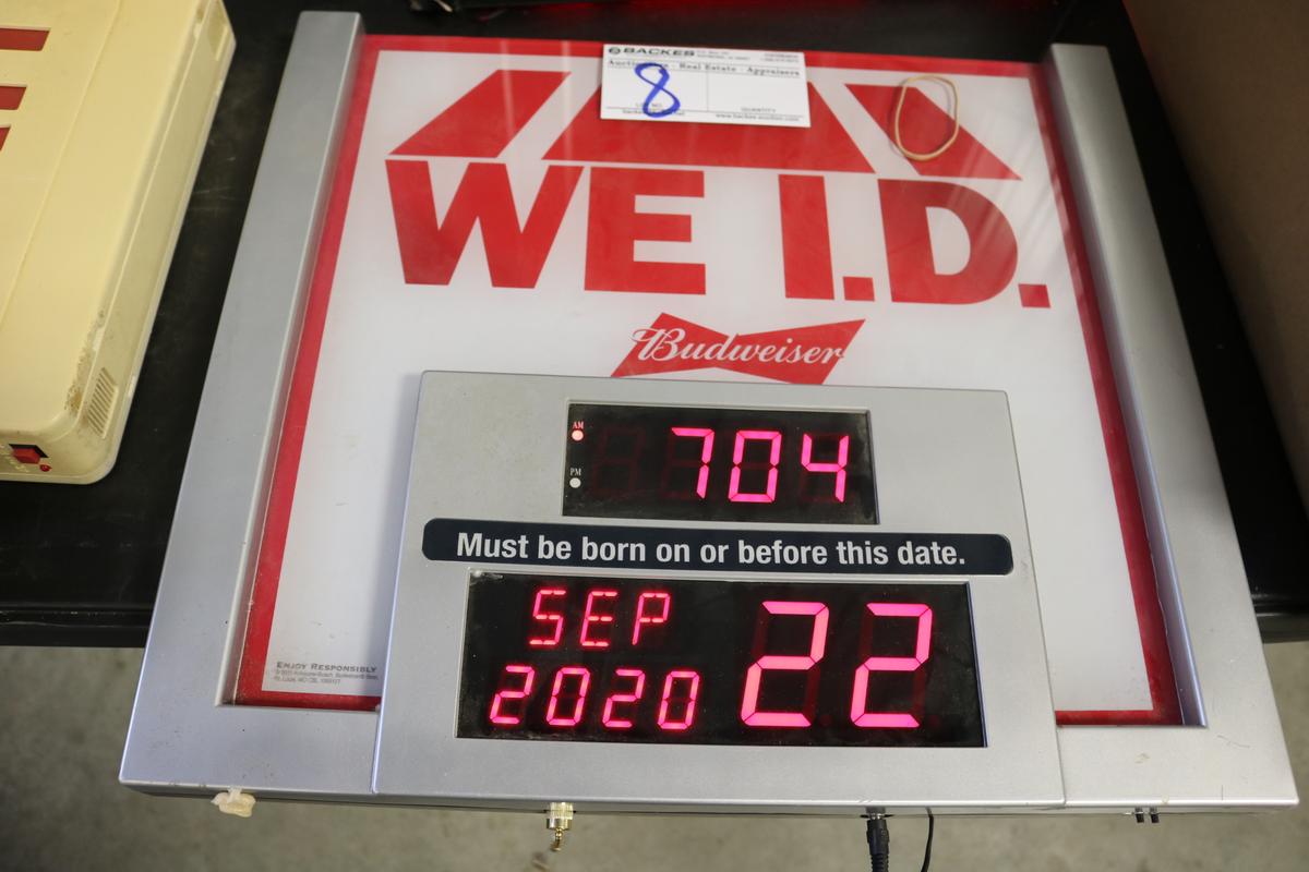 Budweiser digital clock & Born on date lighted sign