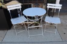 Times 2 - 24" round metal patio tables with 3 chairs - some paint is chippi