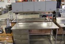 30" x 72" Stainless table with 3 drawers and 4 door over shelf cabinet