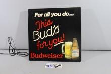 18" x 18" Budweiser "This Bud's for You" lighted wall sign