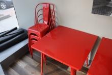 Set of 4 metal red finish bistro style chairs with 32" x 32" metal table