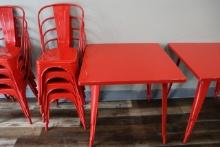 Set of 4 metal red finish bistro style chairs with 32" x 32" metal table