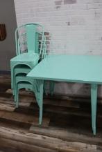 Set of 4 metal teal finish bistro style chairs with 32" x 32" metal table