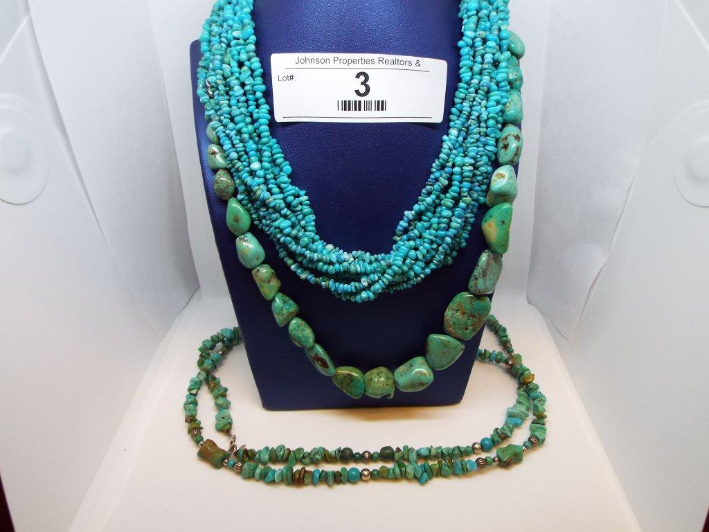 3 Turquoise Necklaces Multi-strand - 15" Large Stone - 17" Single Strand -