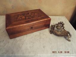 Victorian inlayed walnut lap desk & brass ink well