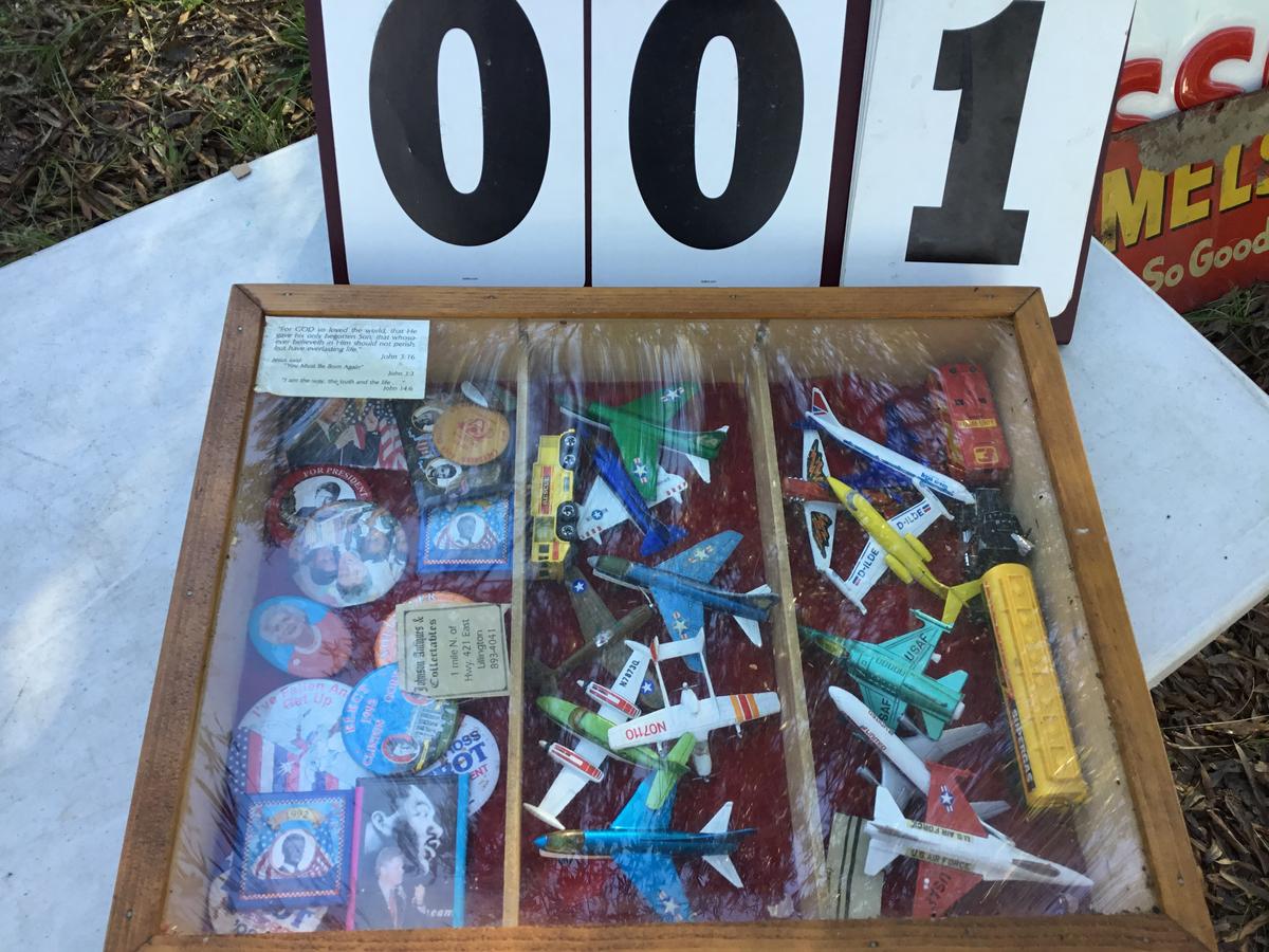 Wooden display case (locked) w/ multiple toy airplanes, political buttons, etc.