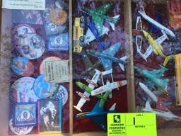 Wooden display case (locked) w/ multiple toy airplanes, political buttons, etc.