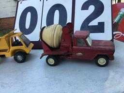 Pair of old tin trucks - 1 cement mixer, 1 dump truck