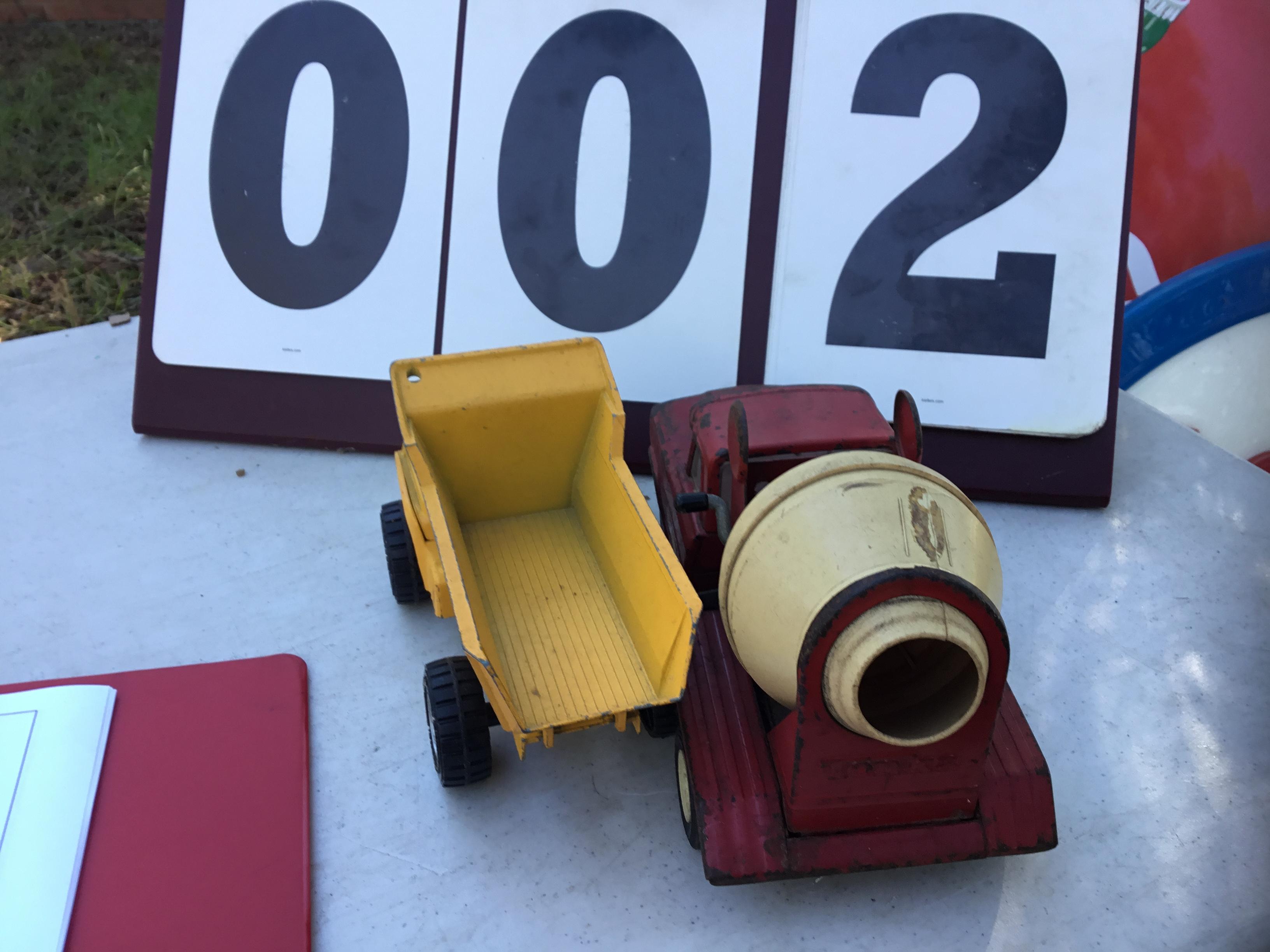 Pair of old tin trucks - 1 cement mixer, 1 dump truck