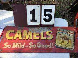 Old Camels cigarette advertising sign (red), approx. 12" x 32" (has damage)