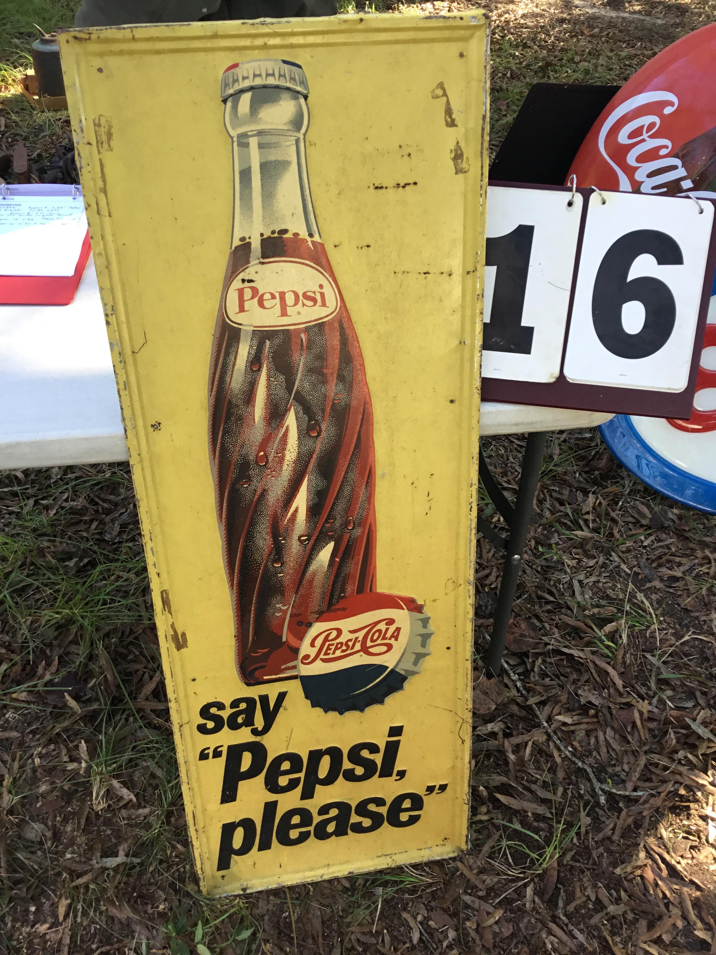 Old tin Pepsi sign (yellow), approx. 16" wide x 46 1/2" tall