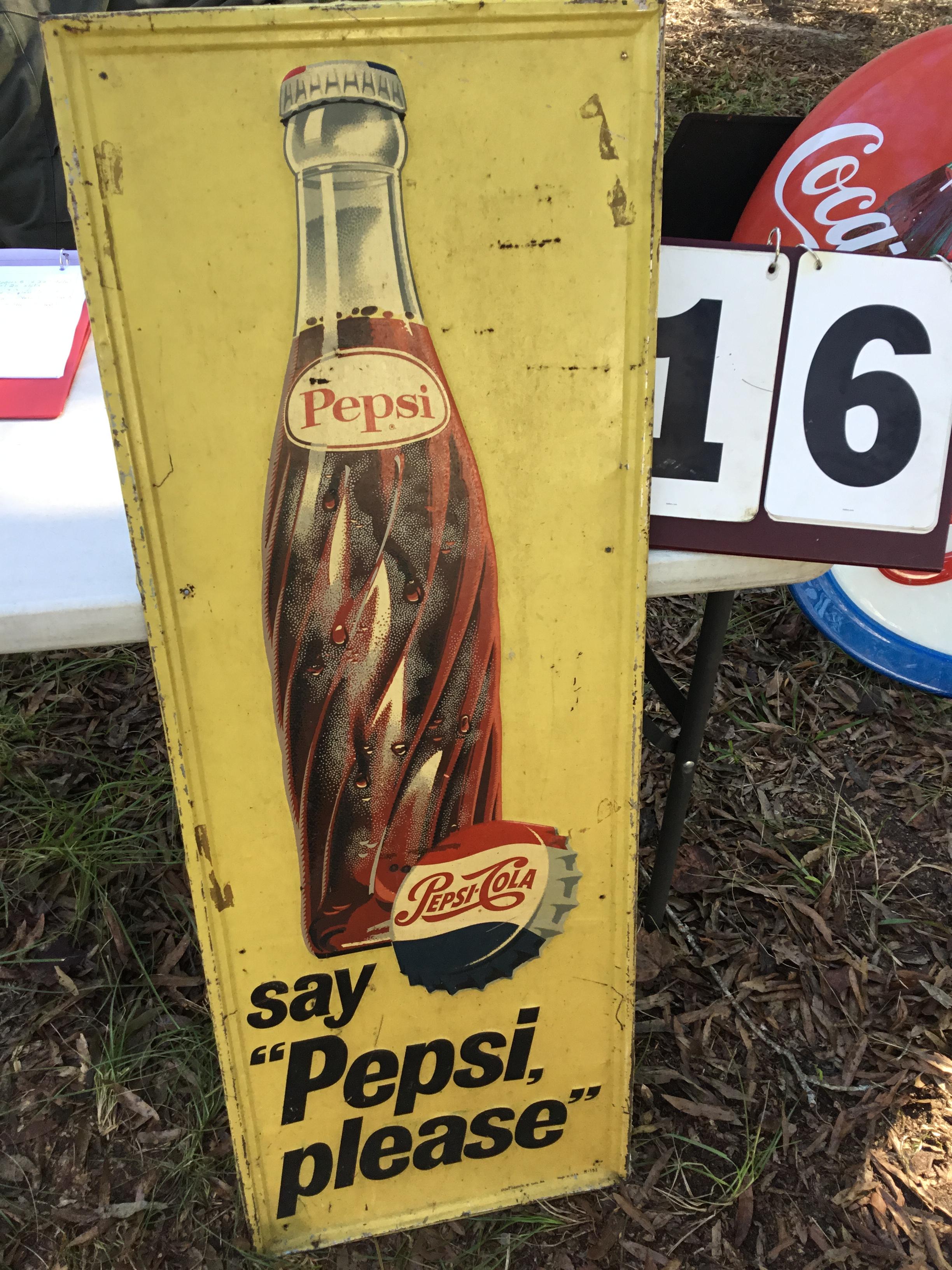 Old tin Pepsi sign (yellow), approx. 16" wide x 46 1/2" tall