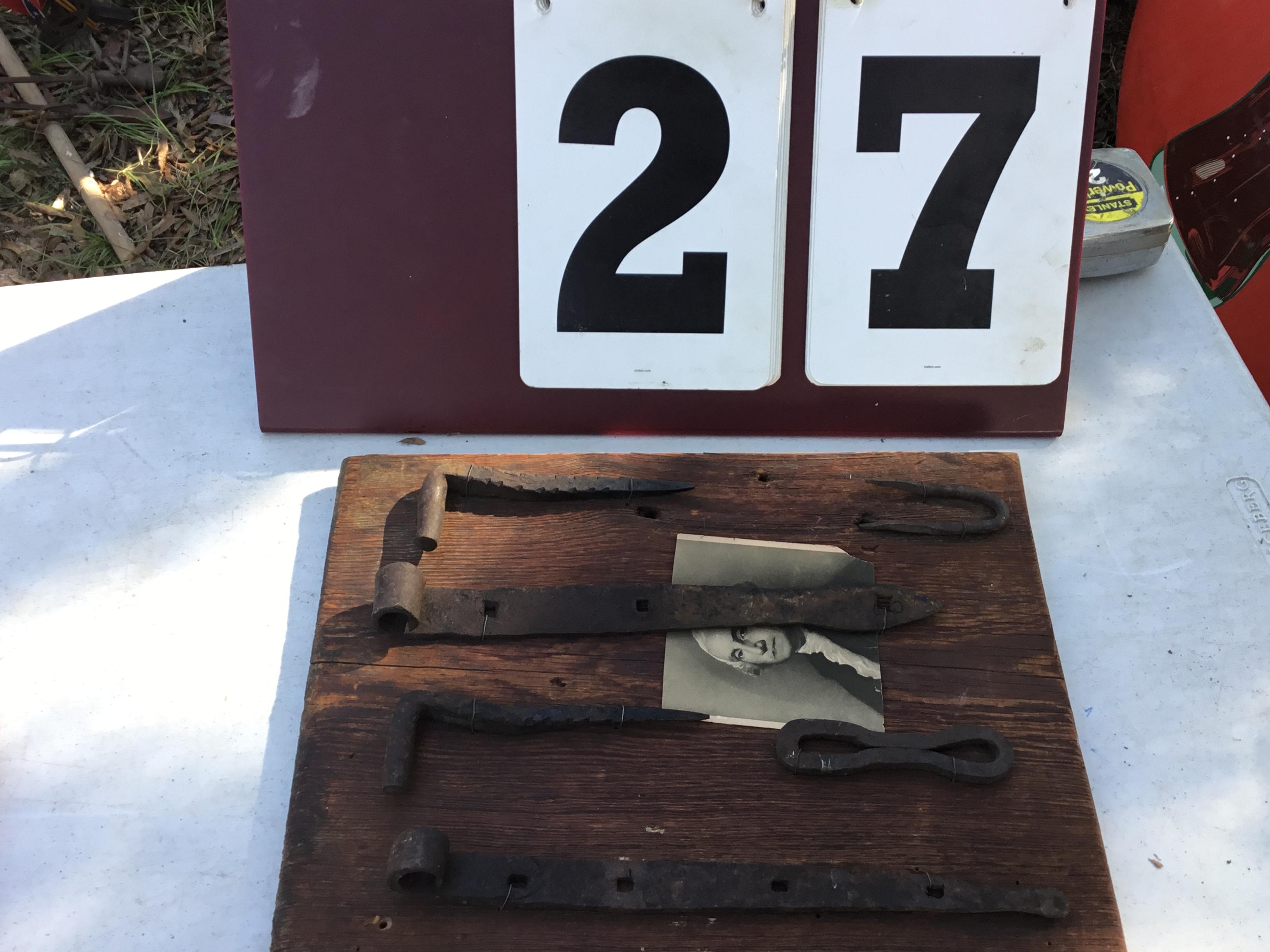 Old store display board w/ multiple hinges, straps, staple; approx. 11" x 14 1/2" long