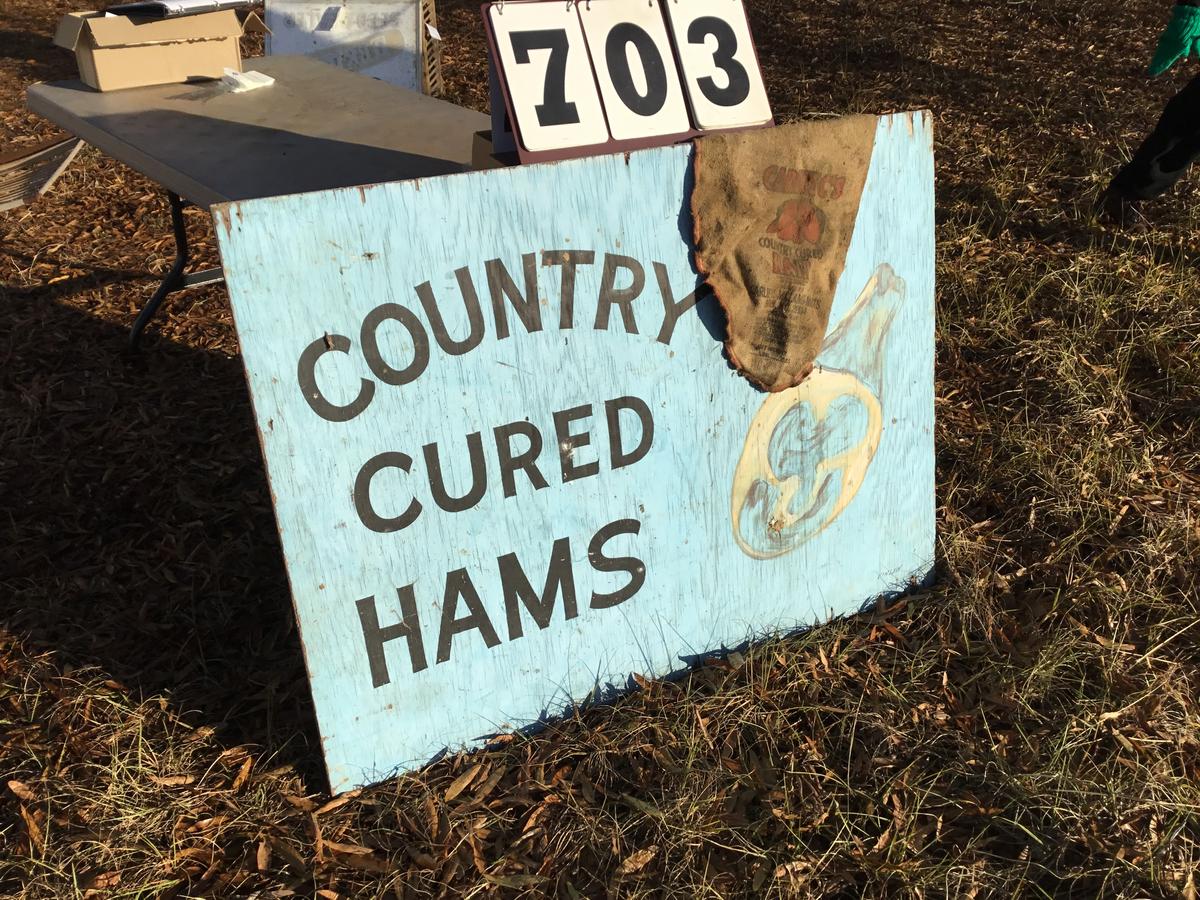 Painted sign 36" x 48" (double-sided), 1 side "Country Cured Hams" & other "Fishing Worms For Sale"