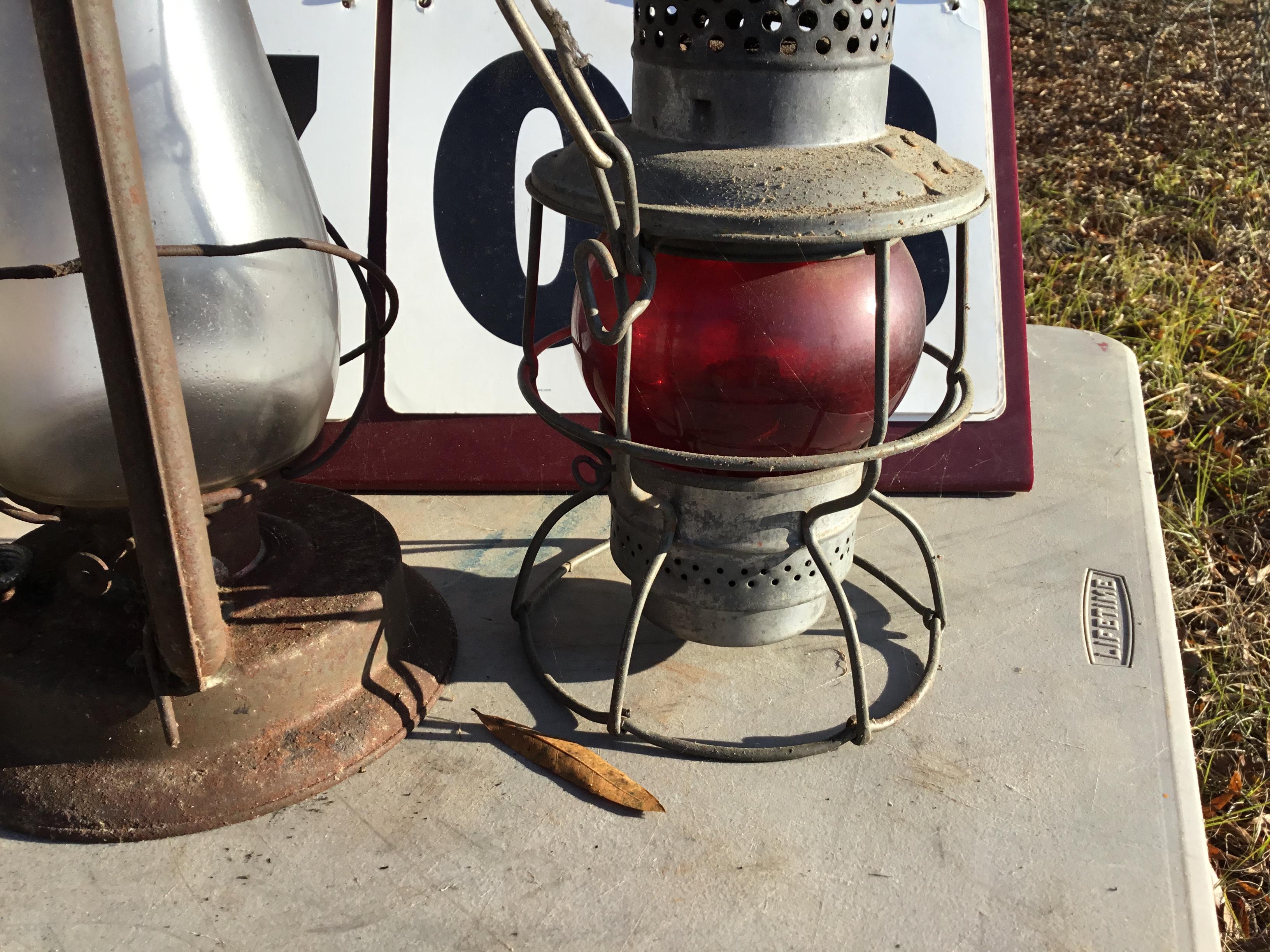 Group of 3 lanterns - 2 Dietz NY, 13"/1 Adlake red globe, 9"