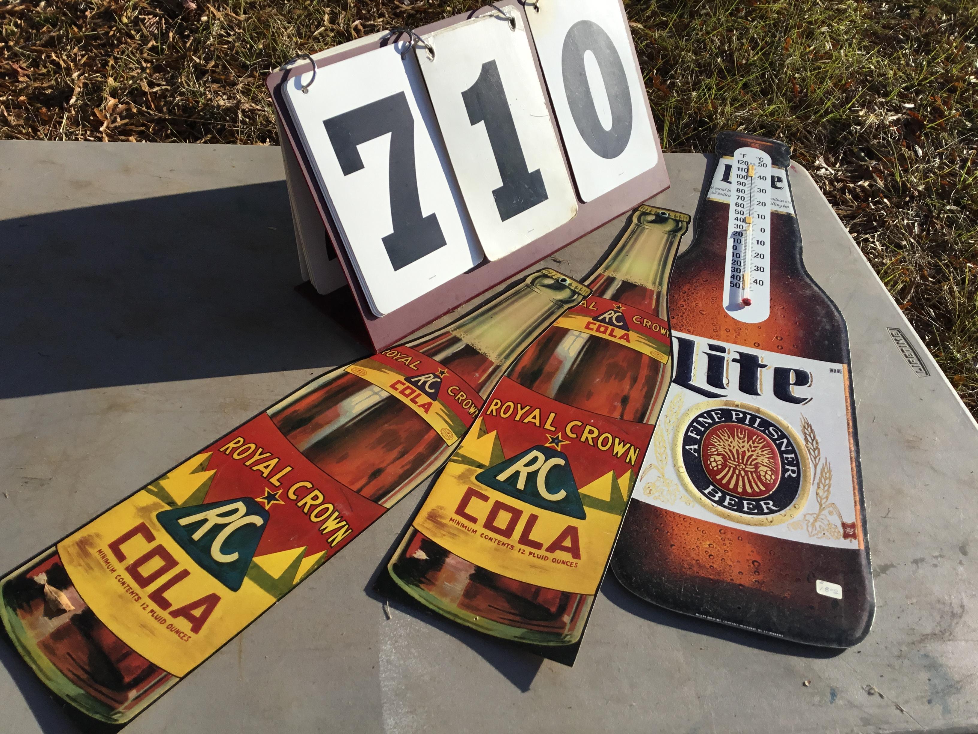 Group - 1 metal Lite beer thermometer (broken); 2 cardboard RC Cola advertisements