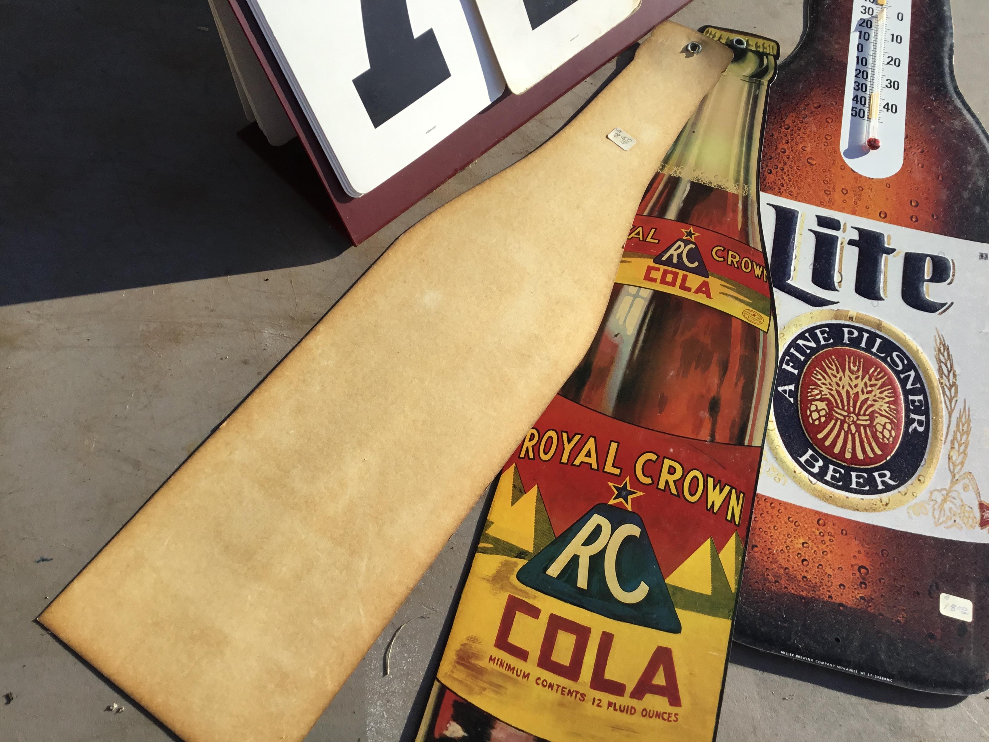 Group - 1 metal Lite beer thermometer (broken); 2 cardboard RC Cola advertisements