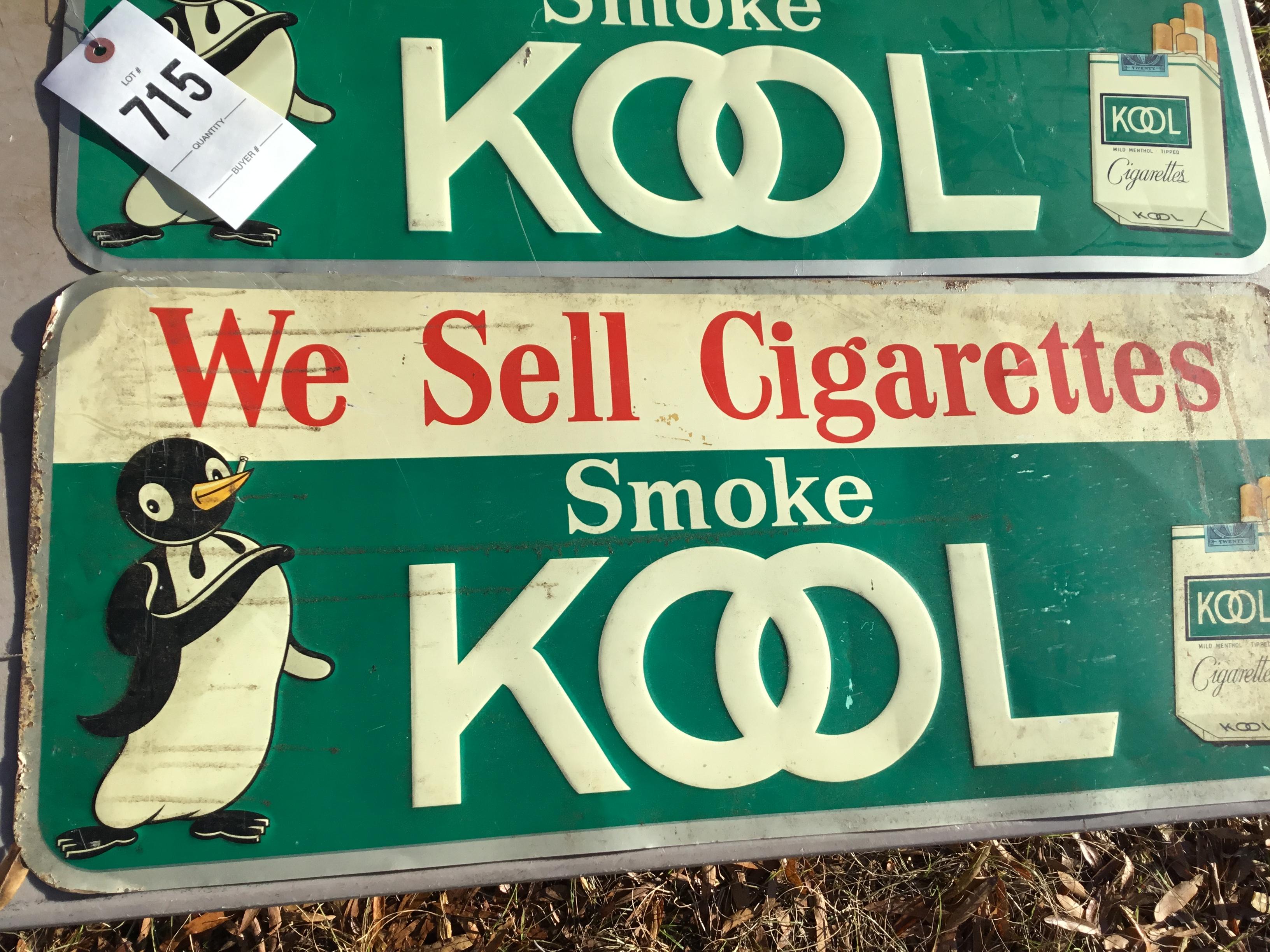 Pair of metal signs, stamped Kool Cigarettes, 1 good condition, 1 moderate condition, 26" x 11"