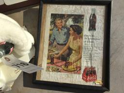 Coca-Cola group - 1 stuffed polar bear; one framed vintage advertisement