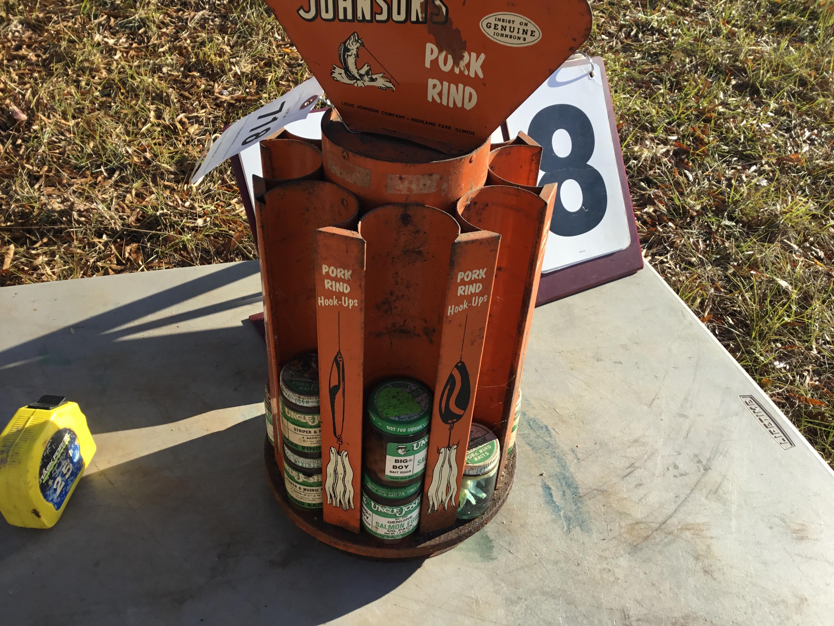 Johnson's Pork Rind spinning counter display sales rack w/ product (unopened), 17" x 8"