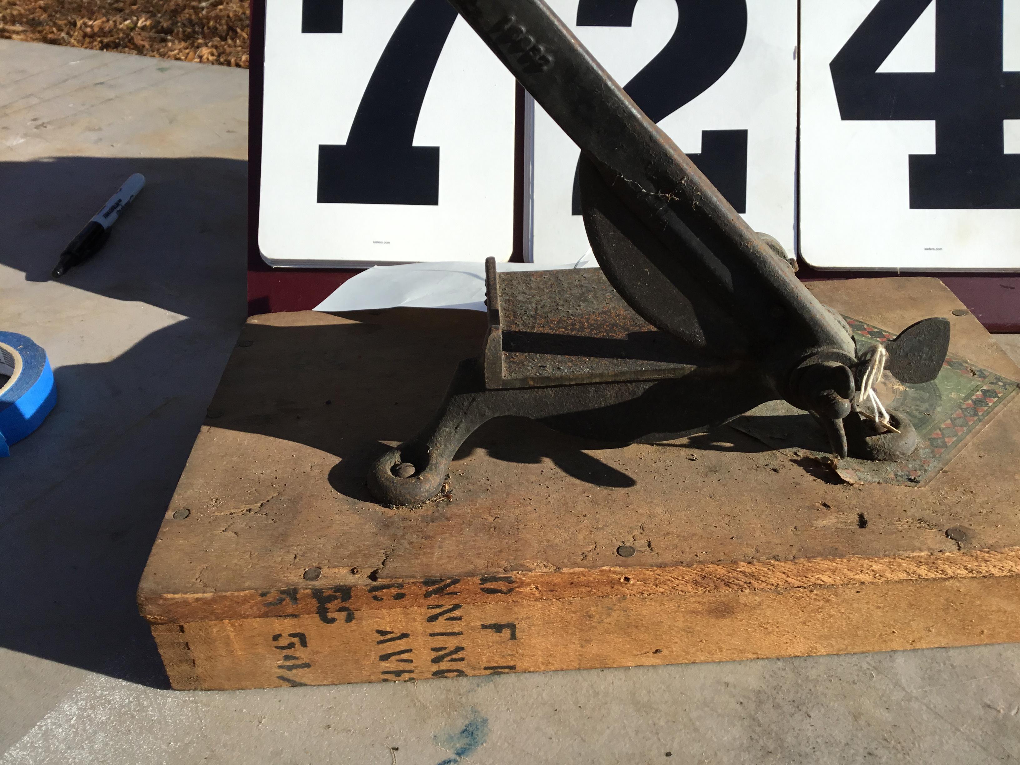 Tobacco cutter #0 on wood base w/ look out & other markings, 3.5" x 5"